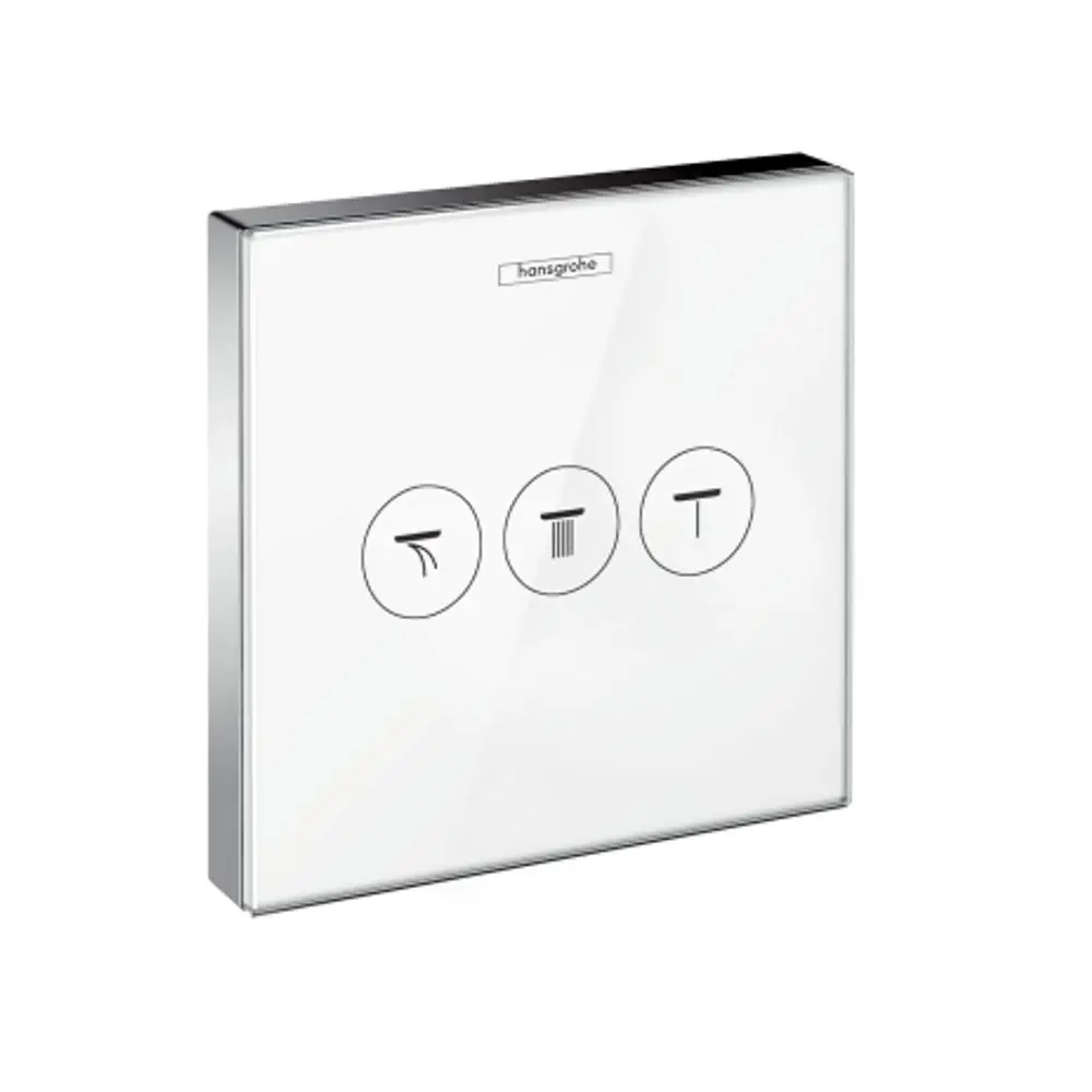 Weißes Bedienfeld von Hansgrohe mit drei Symbolen zur Steuerung von Wasserfunktionen, in einem rechteckigen Design mit glatter Oberfläche und Chromrahmen.